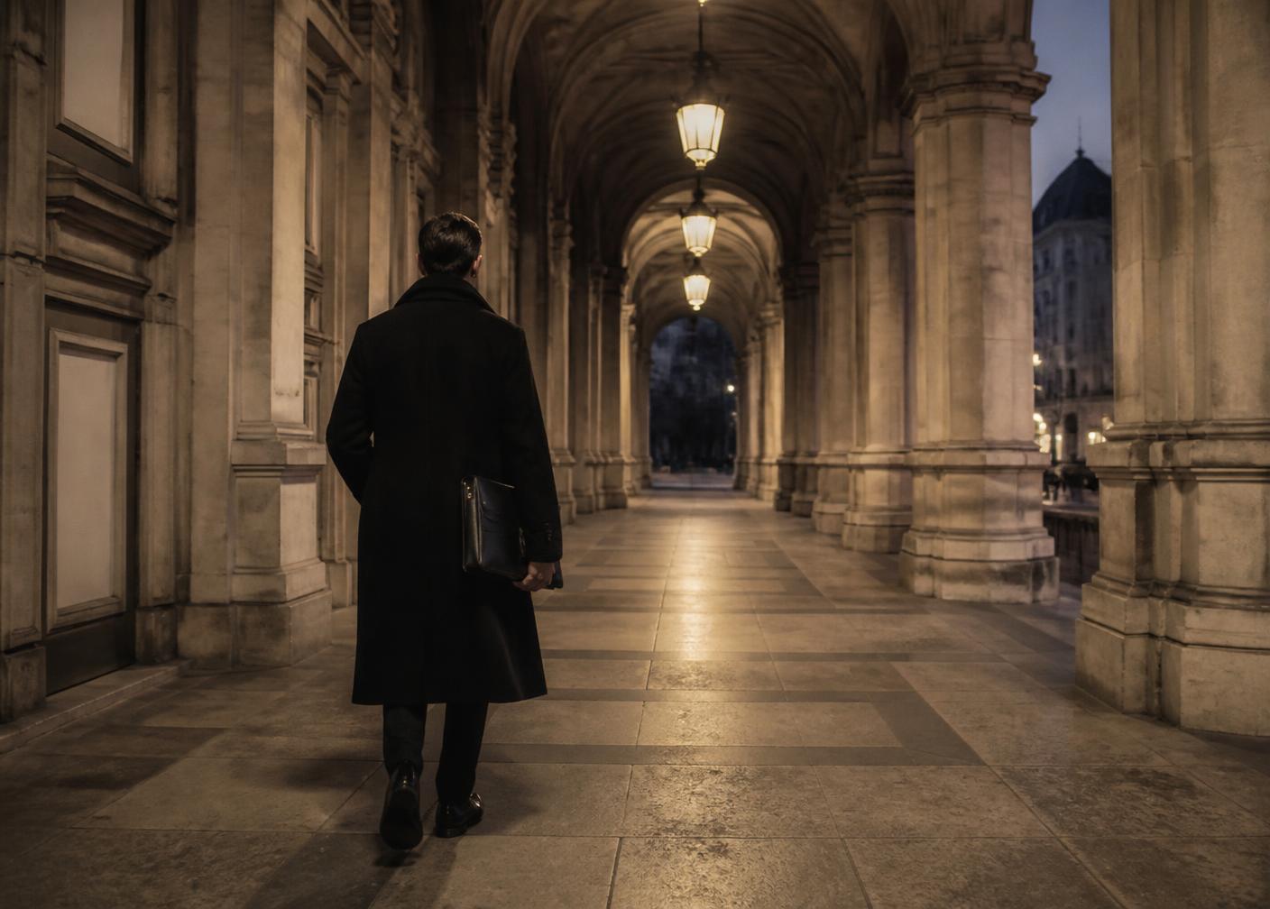 An envoy in a tailored black overcoat walking through a European colonnade