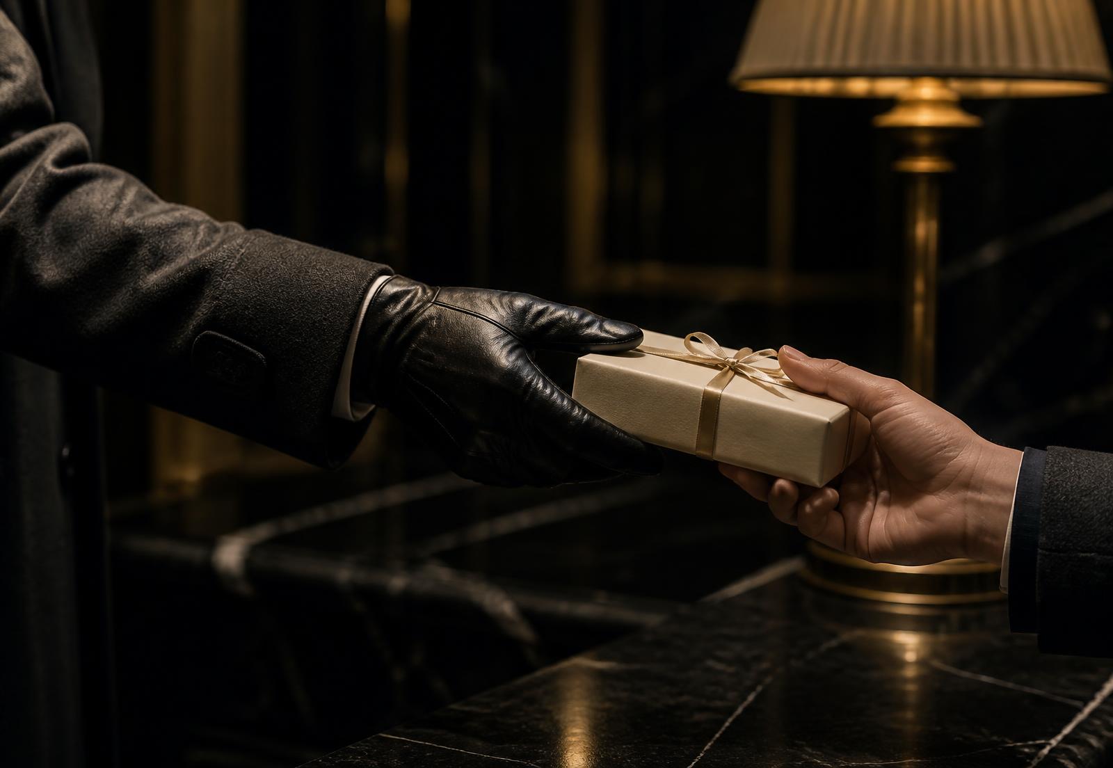 A gloved envoy personally hands an ivory gift box to its recipient